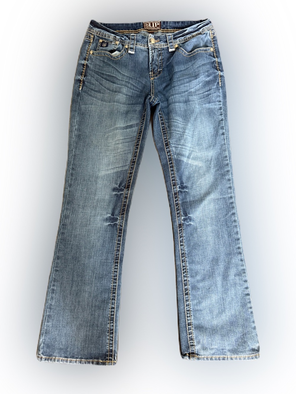 Cowgirl Up Women’s Western Boot  Cut Denim with Rhinestones and Embroidery. 31/